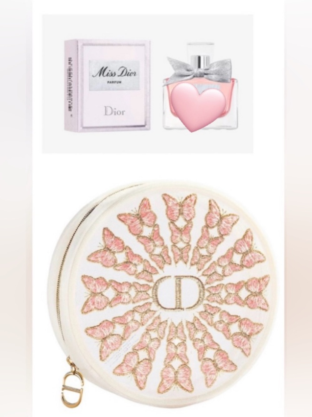 Dior White & Pink Embroidered Butterfly Round Pouch